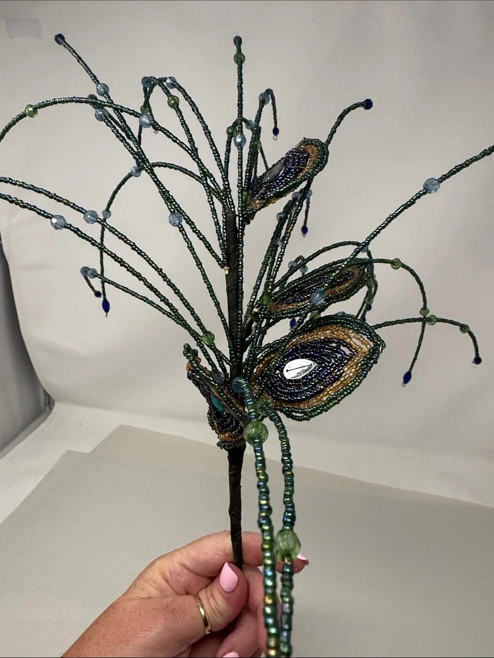 BEADED PEACOCK FEATHERS FOR A FLORAL ARRANGEMENT VASE DECOR ON STICK  RARE BOHO